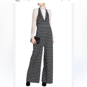 Anna Sui Stretch-knit Halterneck Jumpsuit wide leg blazer chest printed size 4